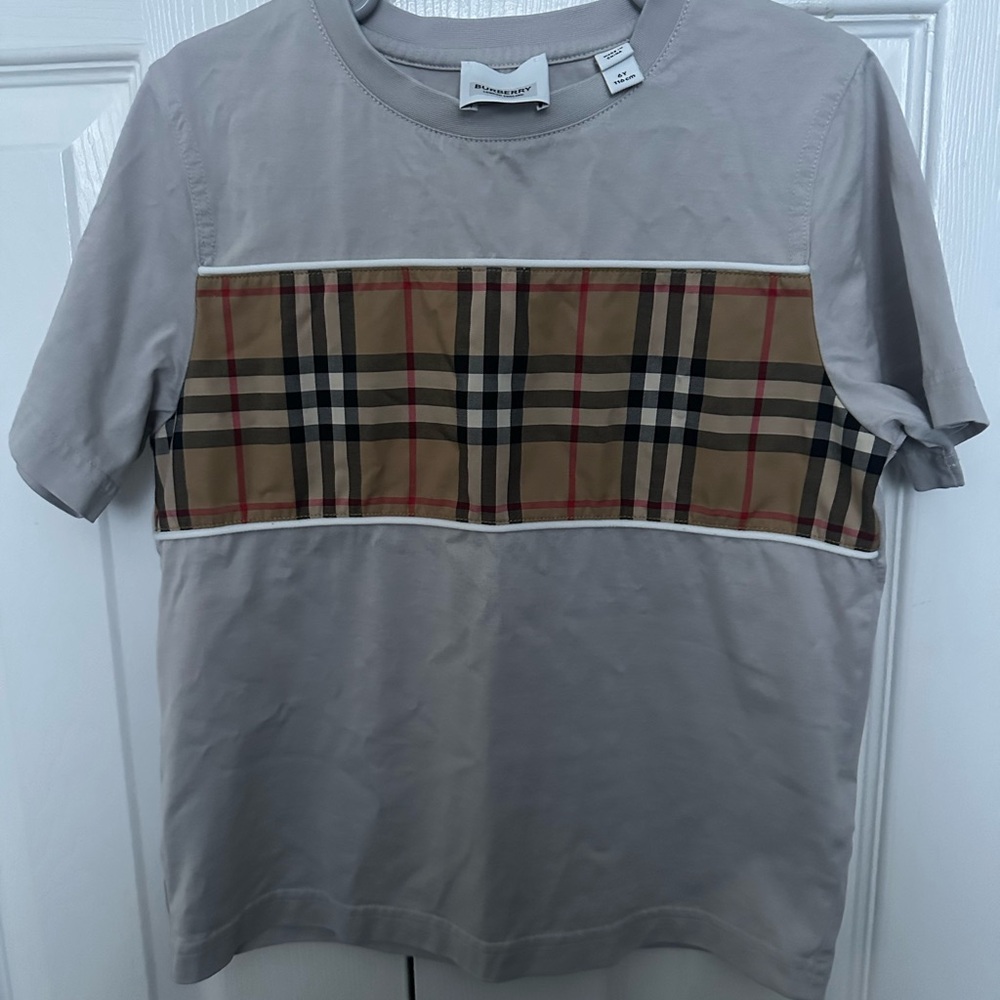 Boys 6Y - Burberry Gray Shirt with Tan Plaid Accent
